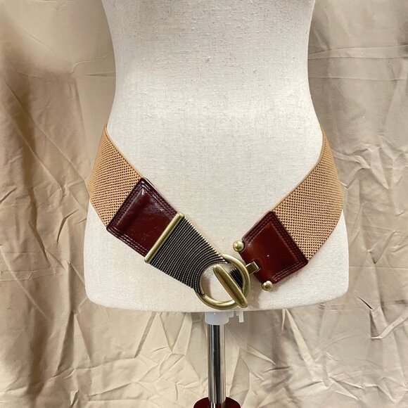 New Directions Stretch Web Waist Belt S/M Tan Gold Tone Buckle | Maximalist - Picture 1 of 7